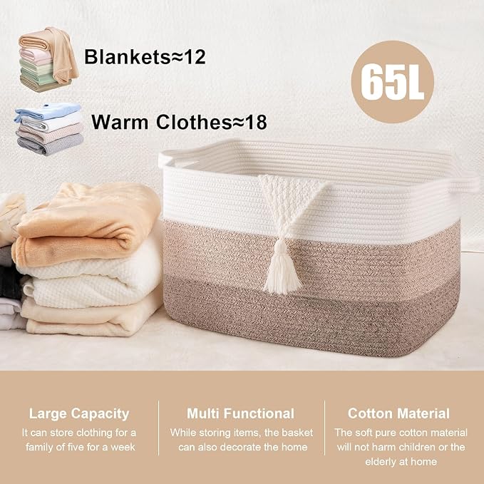65L Large Storage Basket, Cotton Rope Woven Blanket Basket, Toy Storage - Image 2