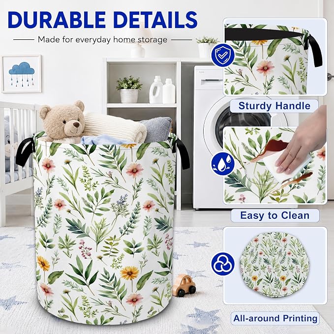 Floral Leaves Laundry Basket, Wildflower Greenery Flowers Collapsible Laundry - Image 3