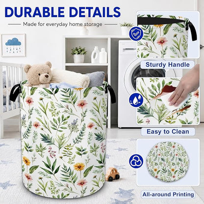 Floral Leaves Laundry Basket, Wildflower Greenery Flowers Collapsible Laundry - Image 3