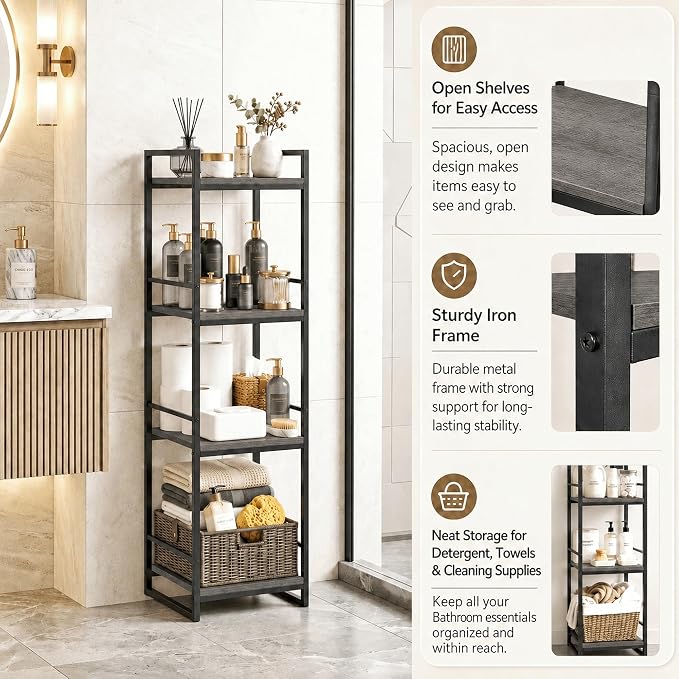 BYFU 4 Tier Bathroom Storage Open Shelf Grey Metal Corner Storage Rack | 46.1" - Image 6