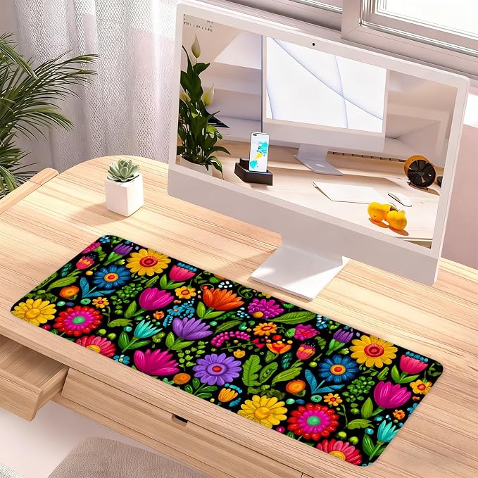 Folk Art Floral Mouse Pad – Large Extended Desk Mat 31.5 x 11.8 in– Colorful - Image 2