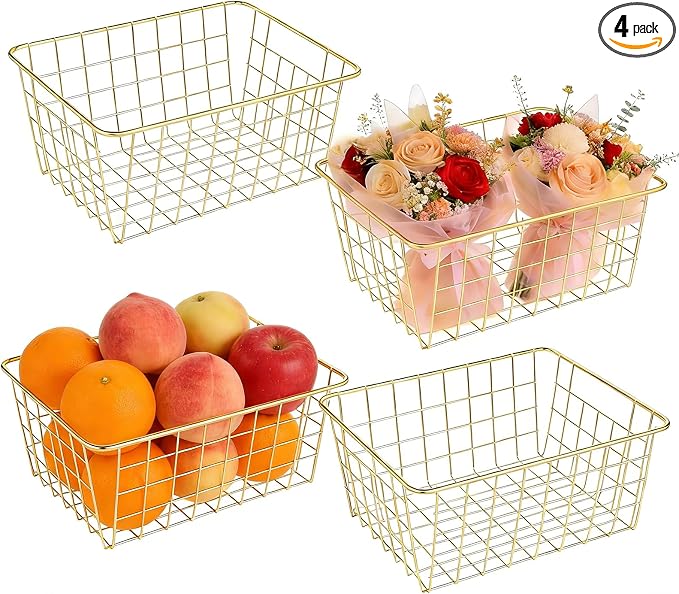 4 Pack Gold Wire Baskets for Organizing, Wire Storage Basket Metal Storage by Unknown