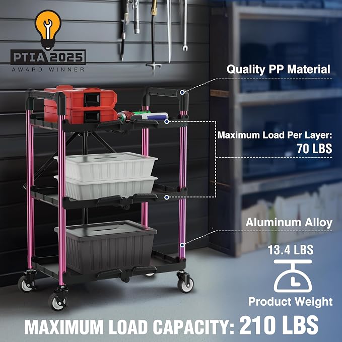 WORKPRO 3-Tier Collapsible Service Cart, 210 LBS Foldable Utility Cart - Image 4