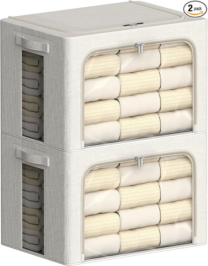 FHSQX 2 Pack Clear Window Storage Bins Large Stackable Linen Fabric Storage by FHSQX