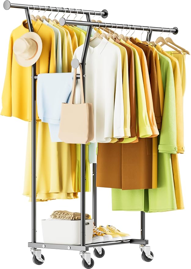 Double Rods Clothes Rack, Rolling Clothing Rack by Unknown