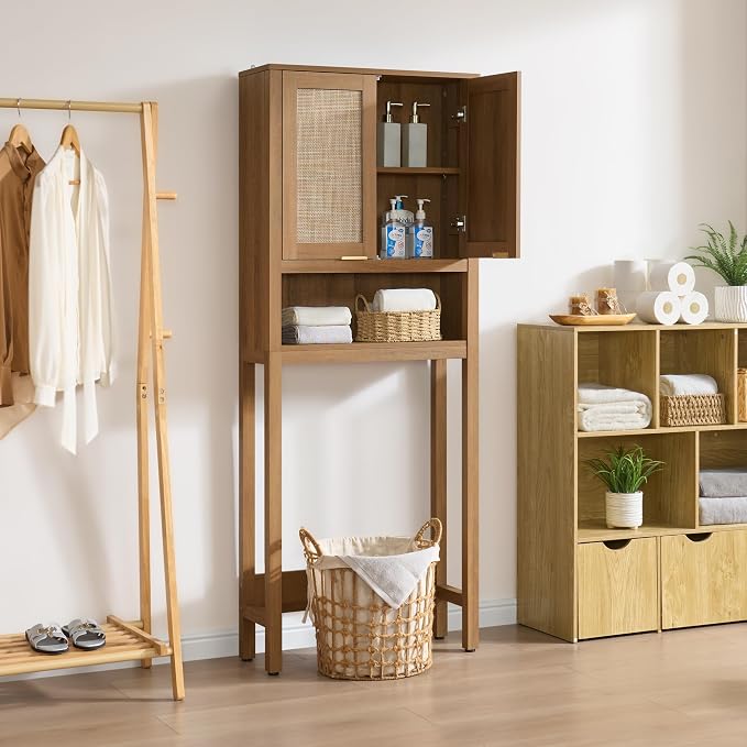 SICOTAS Over the Toilet Storage Cabinet, Rattan Door Bathroom Organizer | - Image 8