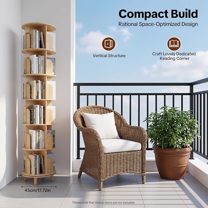 6 Tier Rotating Bookshelf Tower, Solid Wood Bookshelf - Image 9