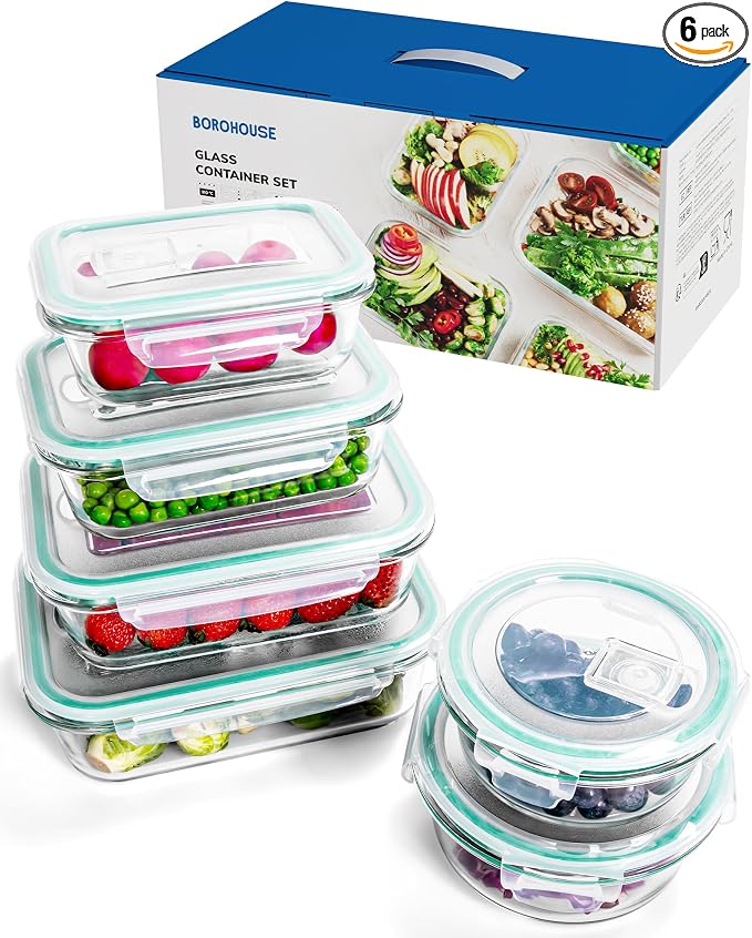 6-Piece Borosilicate Glass Food Storage Containers Set by BOROHOUSE