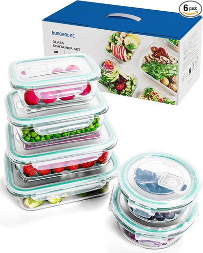 6-Piece Borosilicate Glass Food Storage Containers Set by BOROHOUSE