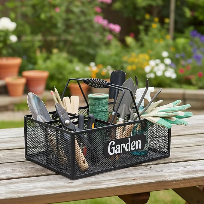 Garden Tool Storage, 4 Compartments Metal Mesh Garden Caddy, Portable Garden - Image 4