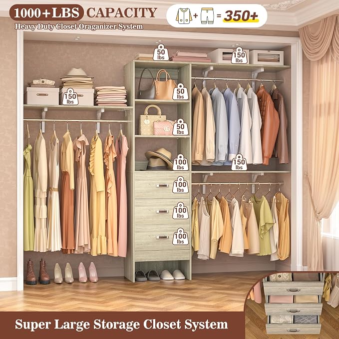 iSunirm 8FT Closet System, Wall Mount Bedroom Wardrobe - Image 3