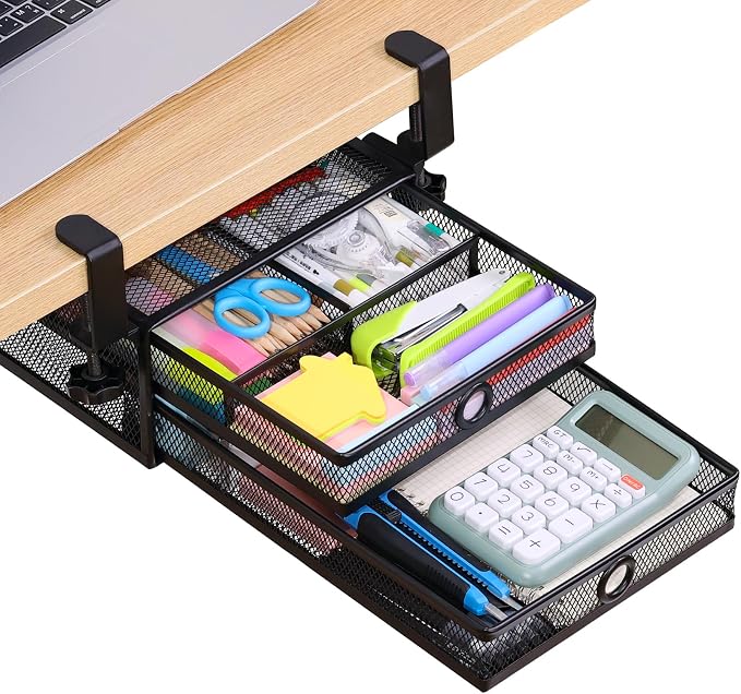 2-Tier Clamp-On Mesh Organizer, Under Desk Storage by OfficeProducts