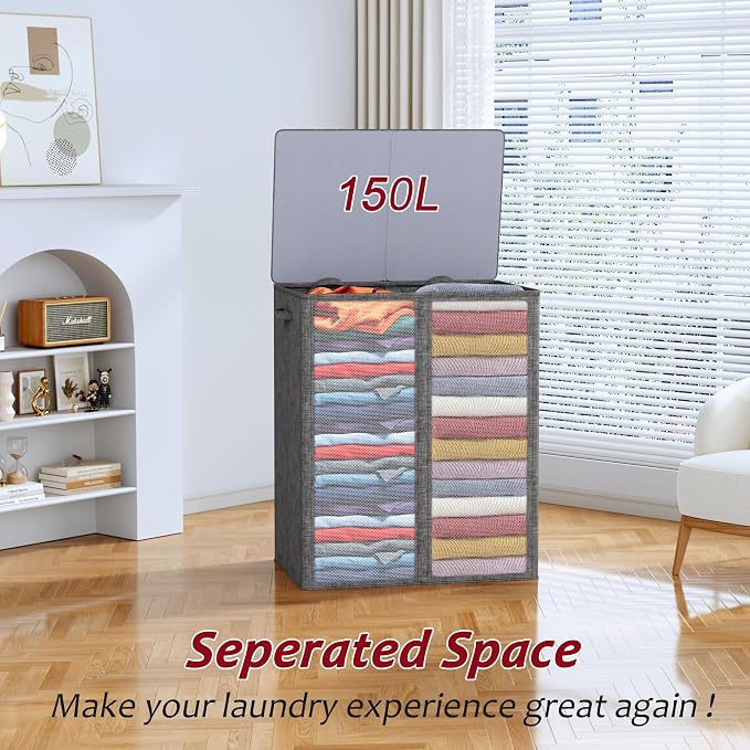 150L Laundry Hamper 2 Section, Large Laundry Hamper - Image 4