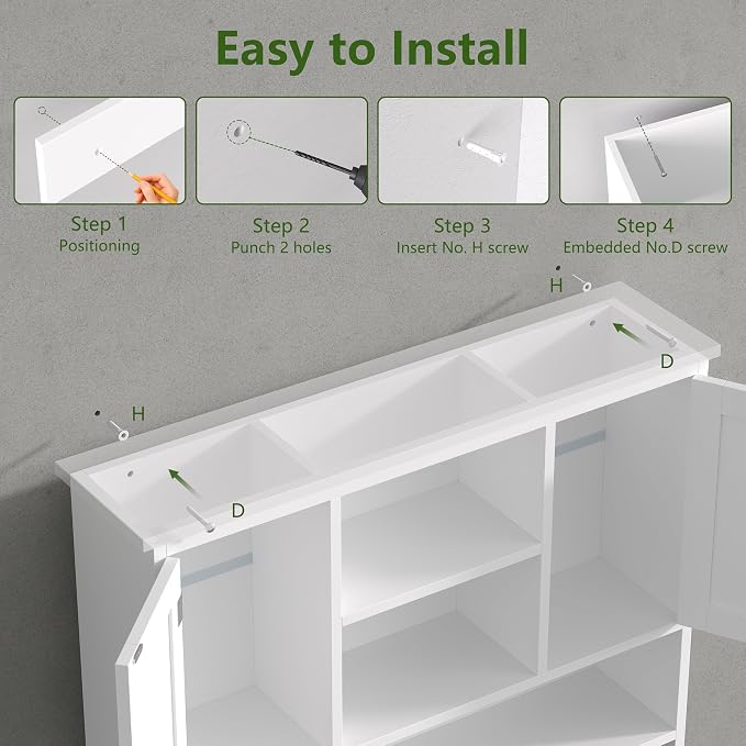 Bathroom Wall Cabinet with Doors and Hooks, 3-Tier Wall Mounted Cabinet | - Image 7