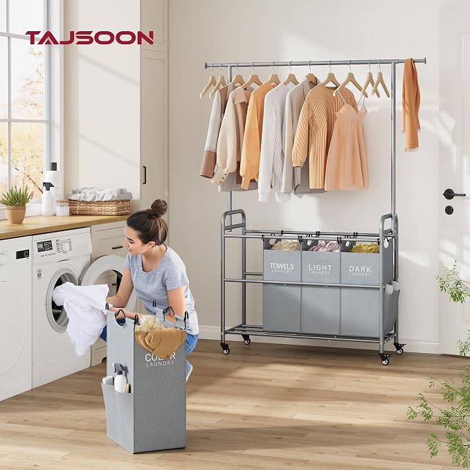 Tajsoon Laundry Sorter with Hanging Bar, 4 Section Rolling Laundry Hamper with - Image 2