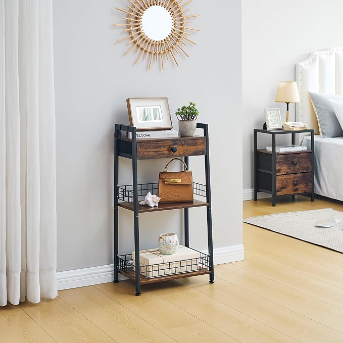 3-Tier Ladder Shelf with Drawer, Bathroom Stand Floor Storage Shelf, - Image 2