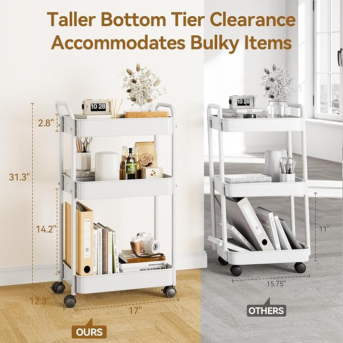 YASONIC 3-Tier Metal Rolling Cart, Sturdy Storage Utility Carts - Image 5