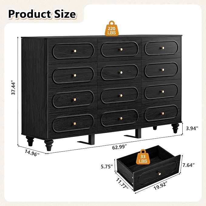 12 Drawer Fluted Dresser for Bedroom, Mid Century Modern Chest of Drawers - Image 2