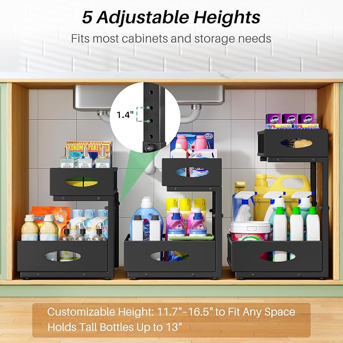 Under Sink Organizer, L-Shaped Adjustable Height, Mesh Sliding Drawer - Image 5