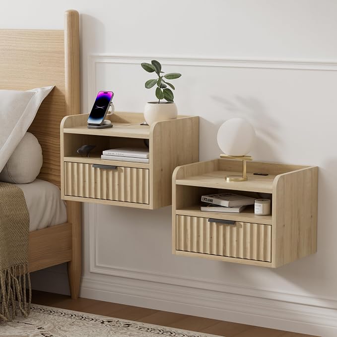 Fluted Floating Nightstand Set of 2, Wall Mounted Bedside Table by EYYTHUNG