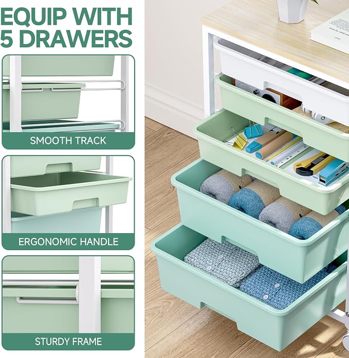 SYKIARIOL Rolling Cart with Drawers, 5 Drawers Storage Cart, Light Green | - Image 4