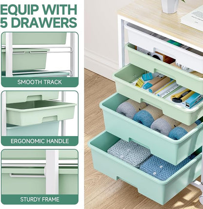 SYKIARIOL Rolling Cart with Drawers, 5 Drawers Storage Cart, Light Green | - Image 4
