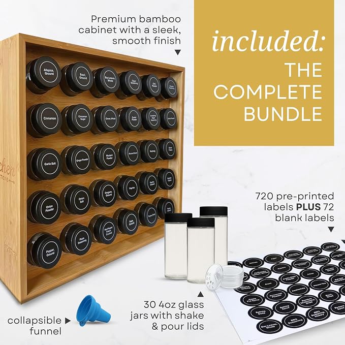 | Bamboo Spice Rack Organizer | 30 4 oz Spice Jars | 720 Labels | Funnel | - Image 2