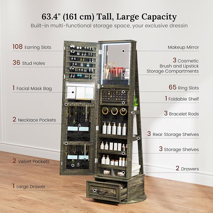 LVSOMT LED Mirror Jewelry Cabinet Standing, 360°Swivel Jewelry Armoire - Image 4
