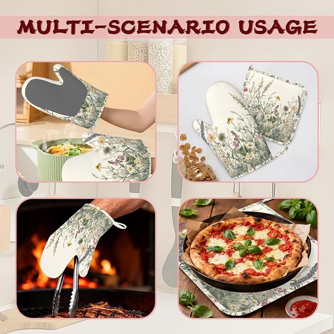 Wildflower Floral Oven Mitts and Pot Holders, Vintage Garden Flowers Heat - Image 6