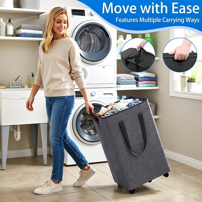 Laundry Basket with 5 Wheels, Tall Dirty Laundry Hamper, Rolling Laundry Basket - Image 4