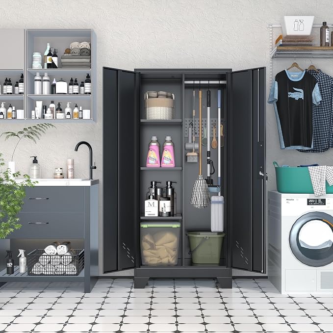Garage Storage Cabinet, Broom Closet Storage Cabinet, Storage Shed, Metal - Image 2