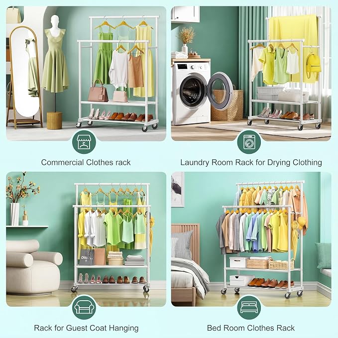 Double Rods Clothes Rack for Hanging Clothes, Heavy Duty Rolling Clothing Rack - Image 7