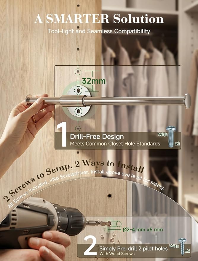 INMAKER Valet Rod for Closet Slide out | Pull out to 9.5" Hanger Rod for ≥12" - Image 3