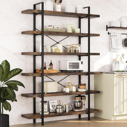 Heavy Duty 6-Tier Industrial Bookcase, 120lbs Shelf Capacity, Rustic Open - Image 8