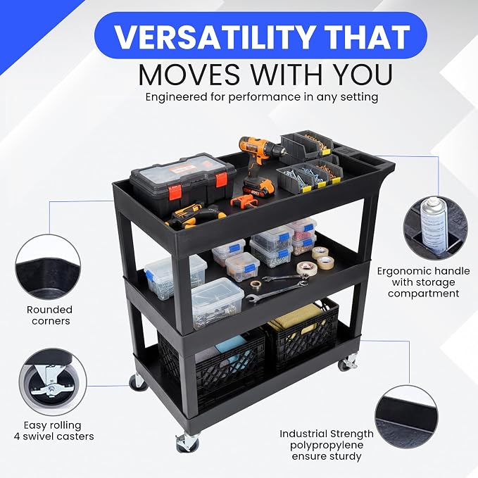 Luxor EC111-B 3-Shelf Heavy Duty Rolling Plastic Utility Cart, warehouse or - Image 4