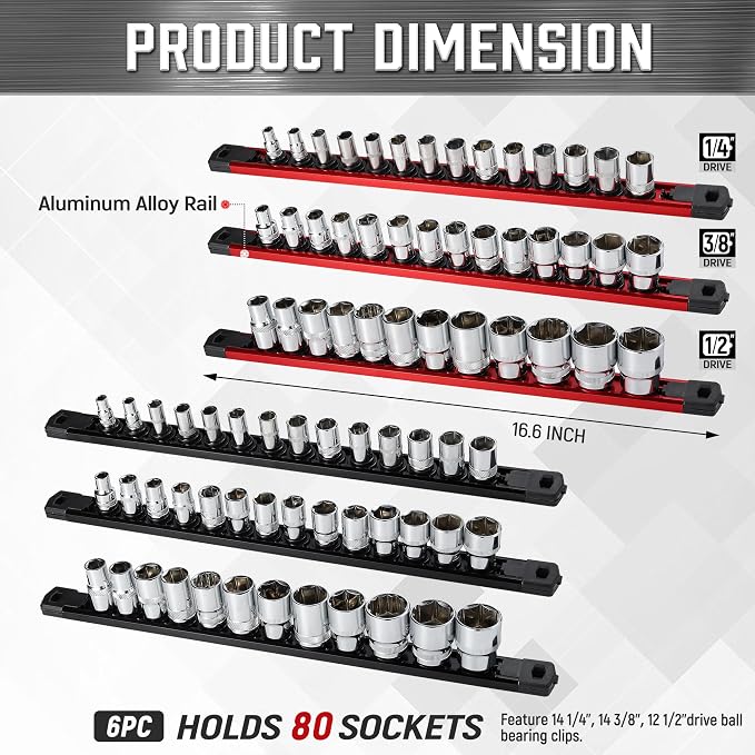 ALOANES 6-Piece Magnetic Socket Organizer, Heavy Duty Aluminum Rails - Image 2