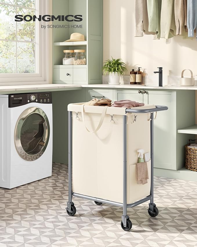SONGMICS Laundry Basket with Wheels, 2-Section Rolling Laundry Hamper, 37 - Image 2