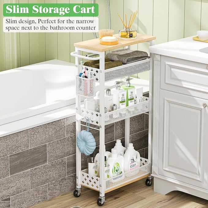4 Tier Slim Rolling Storage Cart, Laundry Room Cart on Wheels, Small Metal - Image 8