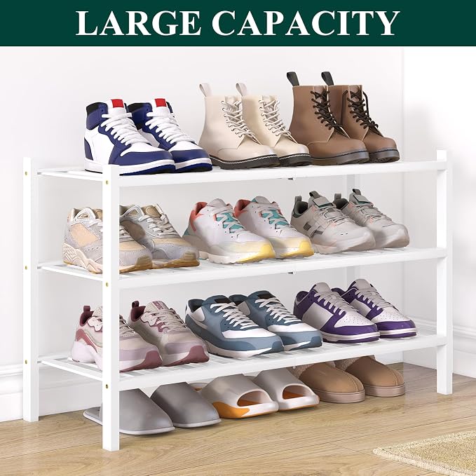 Smiry Bamboo Shoe Rack for Closet, 3 Tier Wooden Stackable Shoe Organizer - Image 5