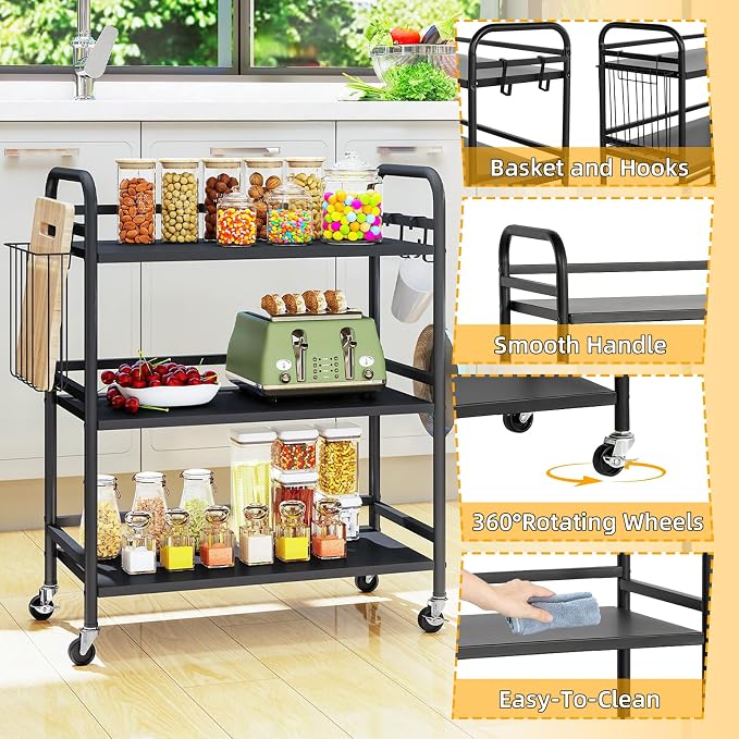 HDANI 3 Tier Metal Rolling Utility Cart, High Capacity Multi Purpose Heavy Duty - Image 9