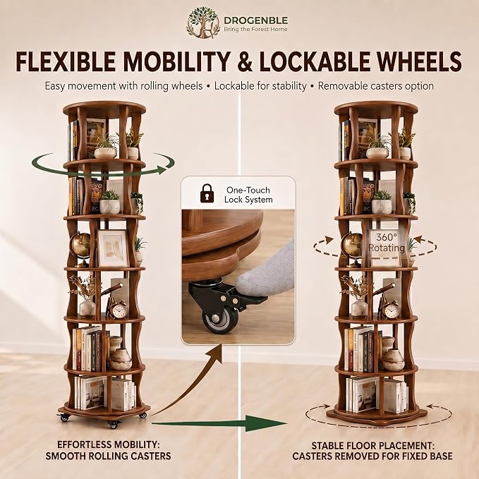 Rotating Bookshelf Tower 6 Tier Corner Bookshelf 360° Spinning Bookshelf | - Image 5