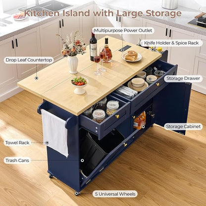 60.2" Kitchen Islands with Storage, Rolling Island Table with Trash Can Storage - Image 3