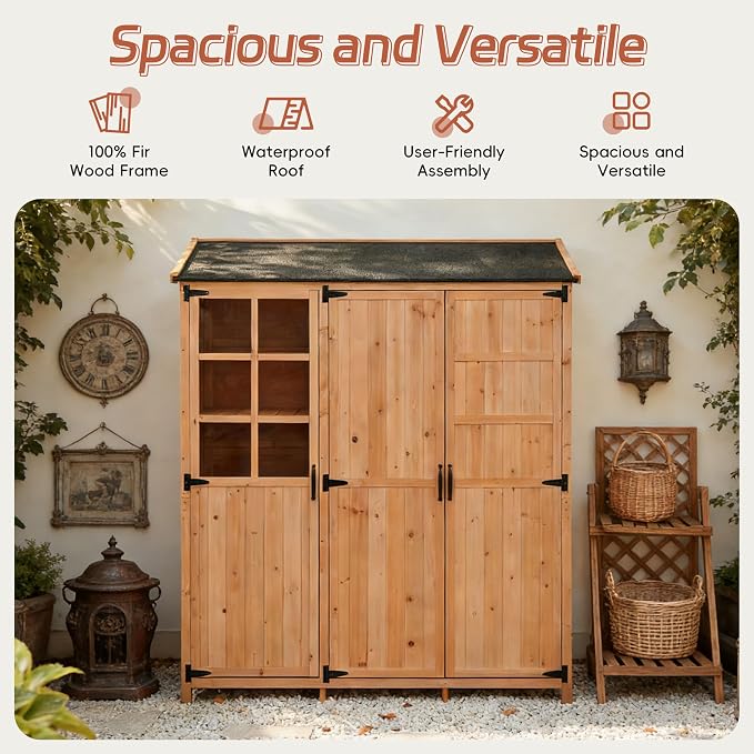 Merax Potting Bench with Waterproof Roof, Patio Garden Shed with 3 Doors - Image 4