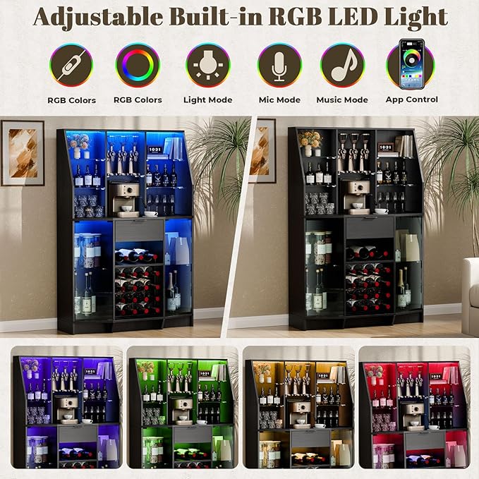 59.05" Wine Bar Cabinet W/ LED Lights & Tempered Glass Door, Home Bar Liquor - Image 3