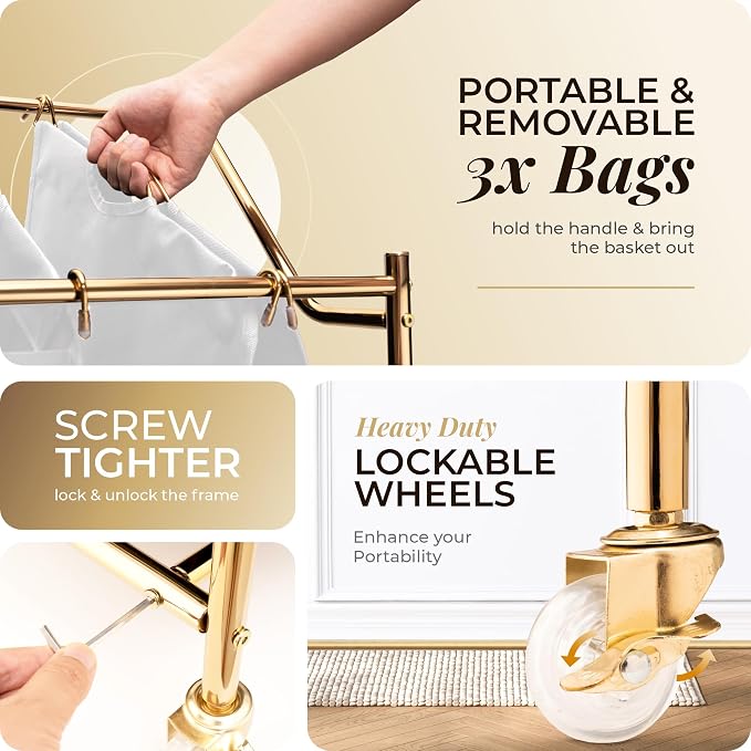 LUXURY STYLE 3- Sections Laundry Sorter, Roling Laundry Cart, Modern Golden - Image 4