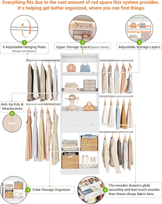 Besiost Small Closet System, 3.2-6.8FT Small Closet Organizer - Image 5
