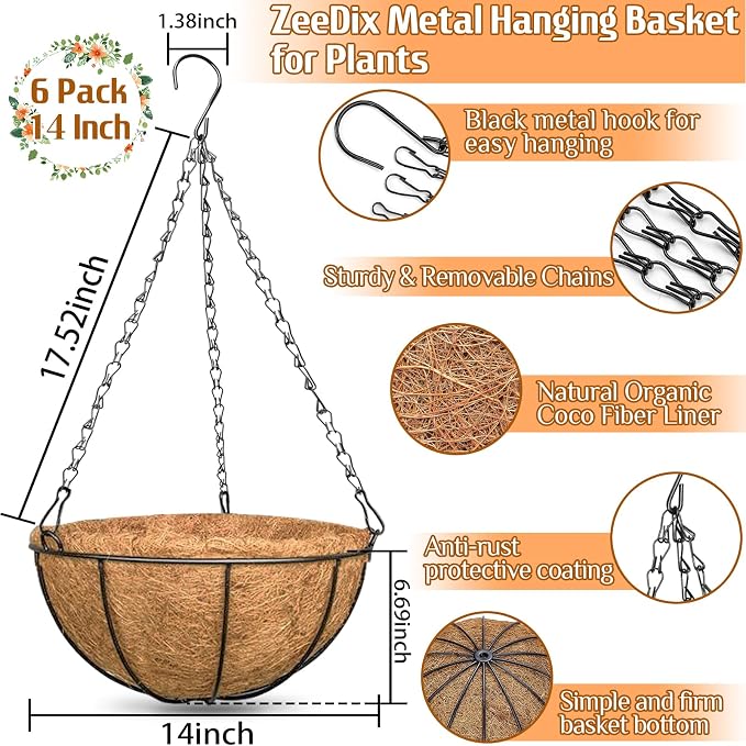 6 Pack 14 Inch Metal Round Hanging Planter Basket - Image 2