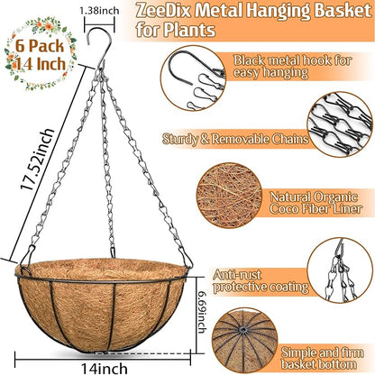 6 Pack 14 Inch Metal Round Hanging Planter Basket - Image 2