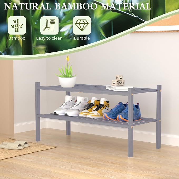 2 Tier Bamboo Shoe Rack for Closet Free Standing Wood Shoe Shelf for Entryway - Image 6