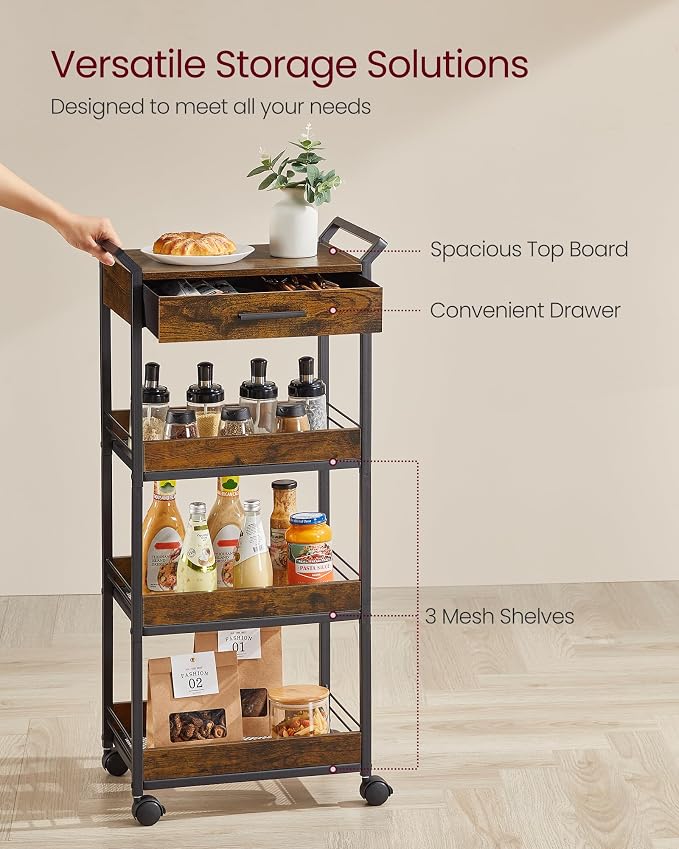VASAGLE Storage Cart, 4-Tier Rolling Utility Cart - Image 4
